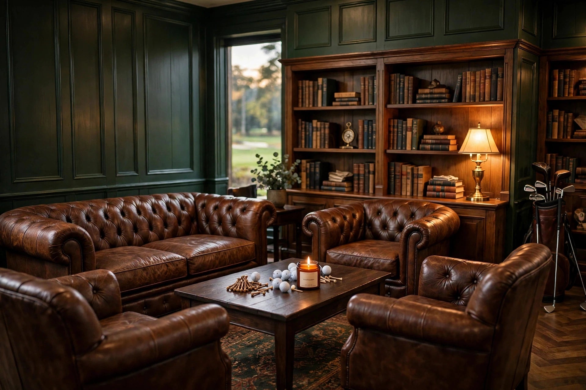 Clubhouse lounge with a lit Back Nine candle on the coffee table